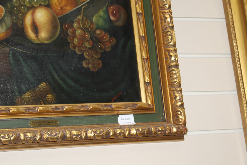 Dutch School, two oils on canvas, Still lifes in the 17th century style, indistinctly signed, 44 x 59cm and 63 x 48cm